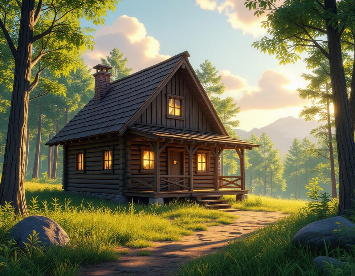 Off-Grid Cabin in Lush Wilderness, Anime Art Style