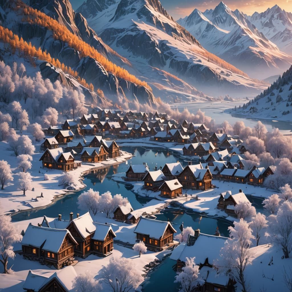 Frozen Winter Village in Snowy Valley