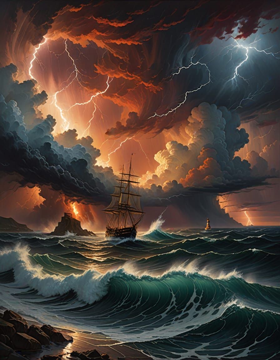 Dramatic Stormy Sea Painting: Ship, Lighthouse & Lightning