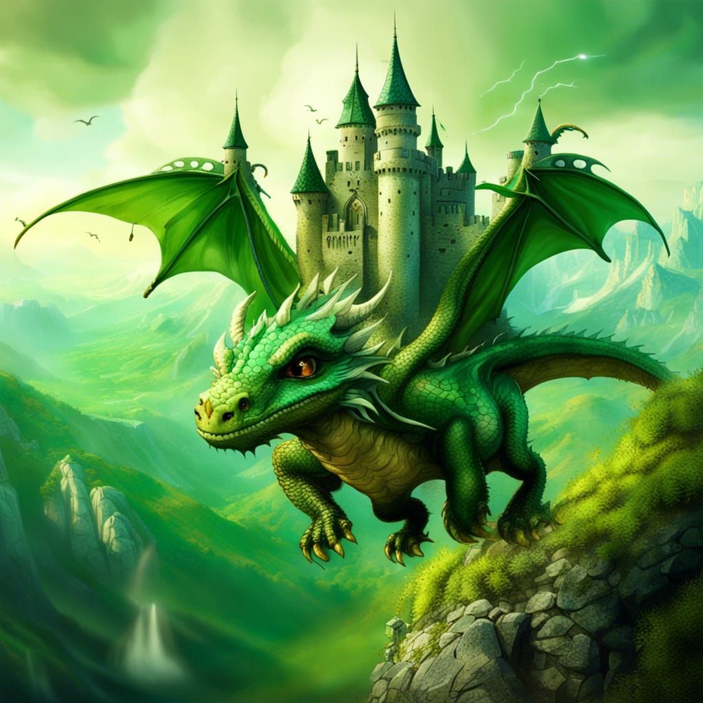 Cute Green Dragon Flying Over Mountain Castle
