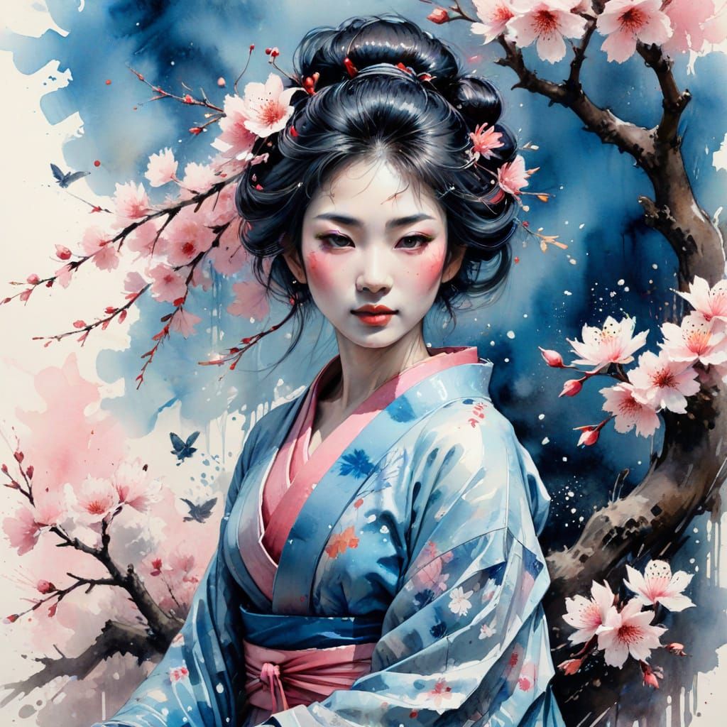 Geisha with Kitsune Watercolor Painting by Carne Griffiths