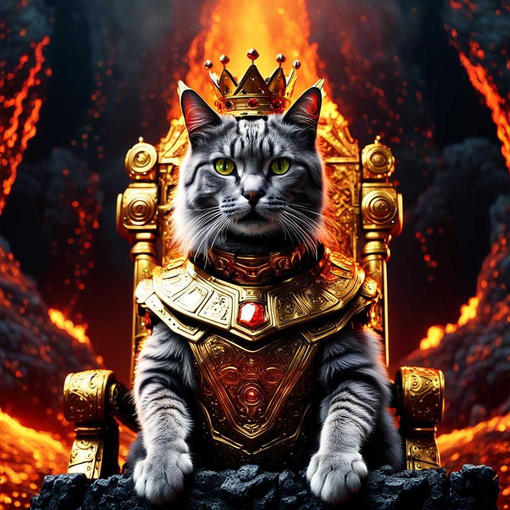 Robot Cat King Reigns Supreme in Fiery Volcanic Throne