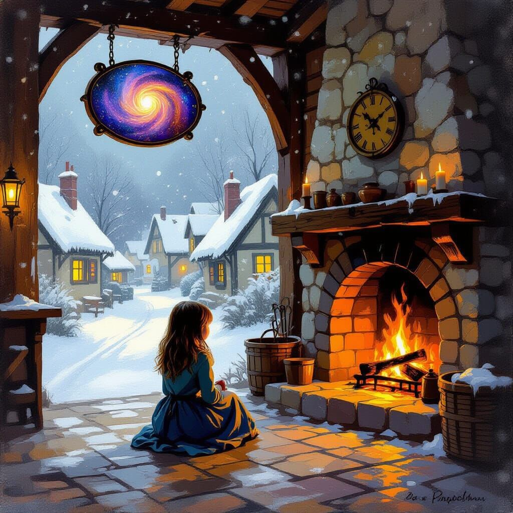 Girl by Fireplace in Rustic Tavern, Gentle Snowfall