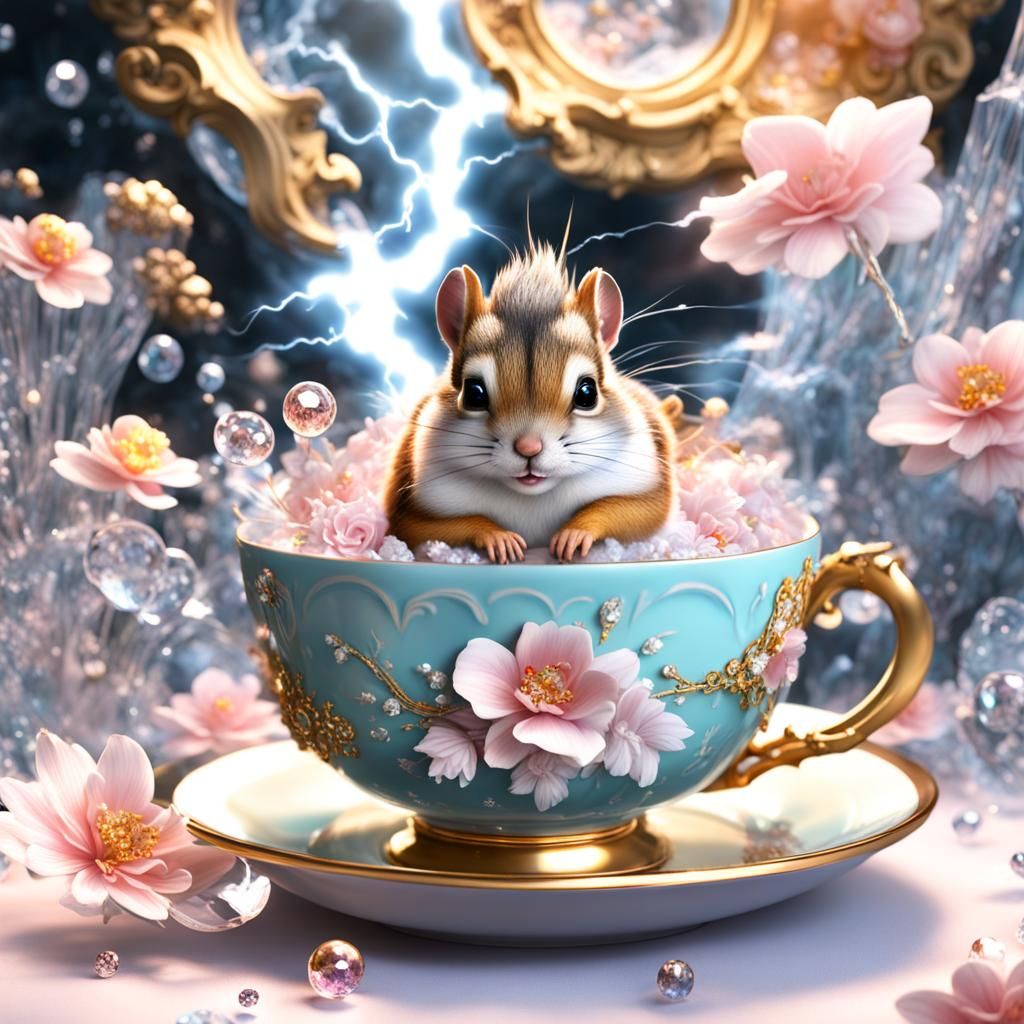 Surreal 3D Chipmunk in Teacup Thunderstorm
