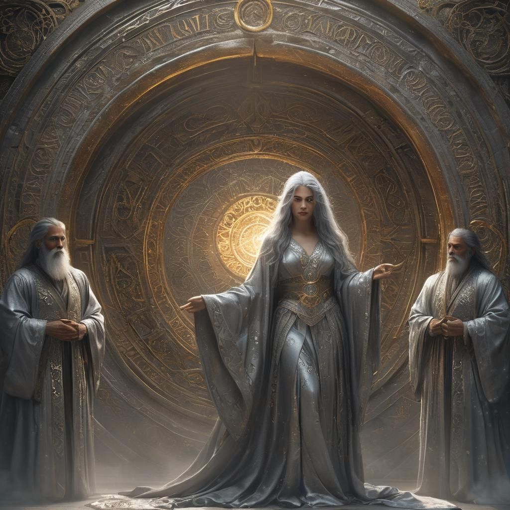 Ancient Woman Before Golden Portal: Fantasy Art