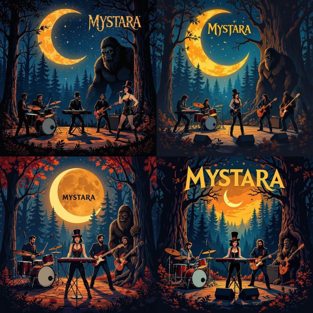 Rock Band Plays in Mystical Autumn Forest Under Crescent Moo...