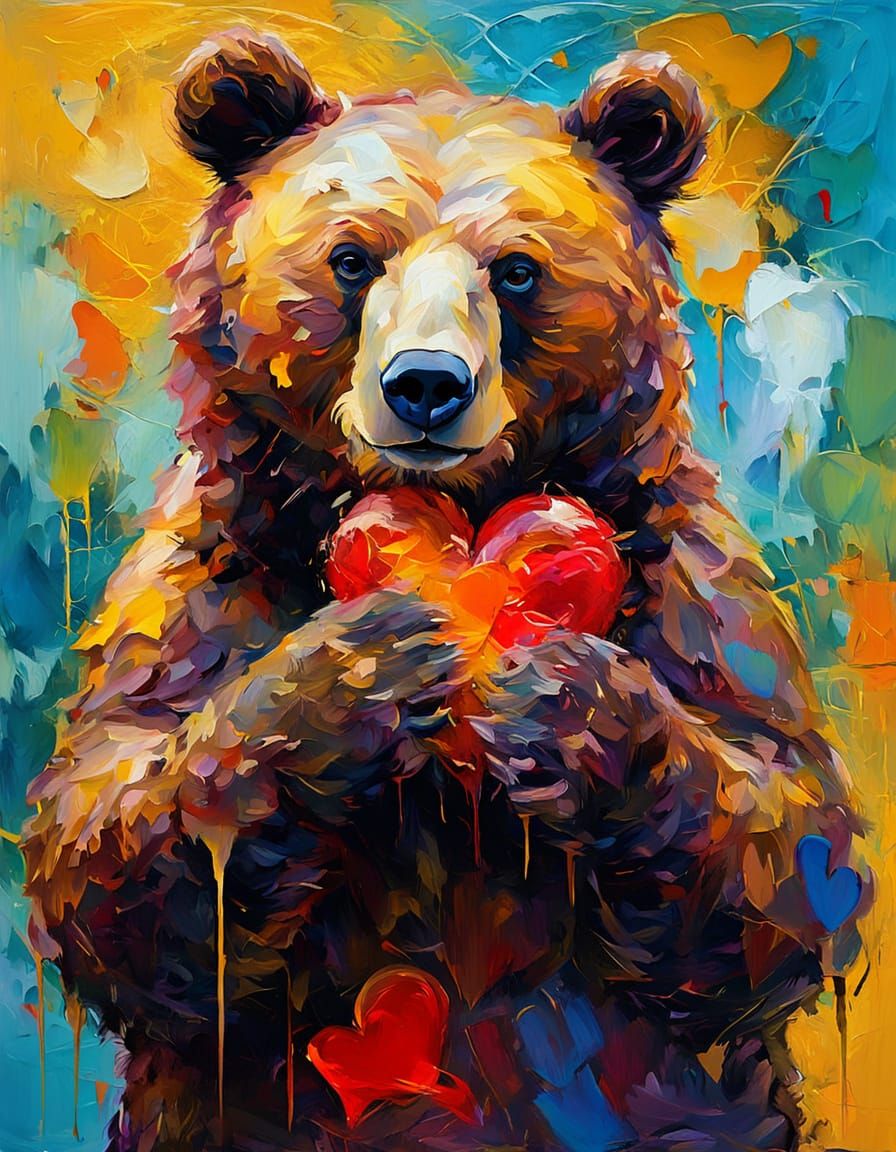 Bear Holding Heart in Abstract Expressionism Style