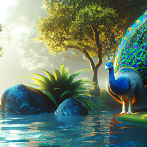 Peacock of Beauty in Pastoral Lake: Photorealistic Art