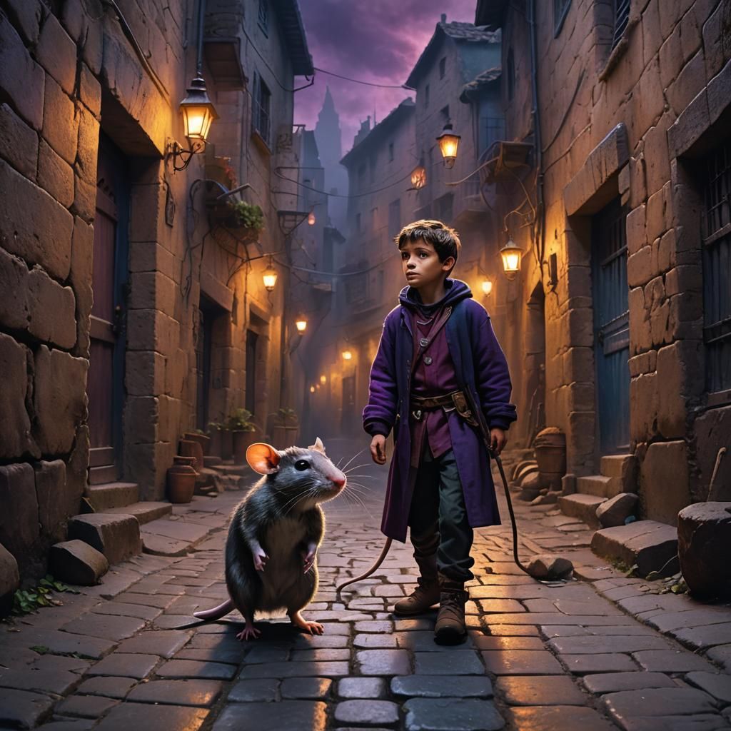 Boy with Rat Body in Mystical Alleyway