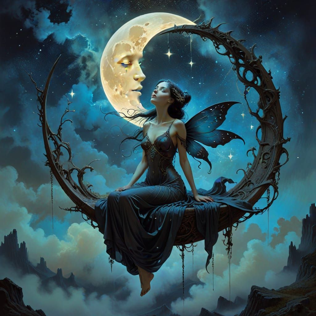 Melancholic Fairy on Moon Swing in Gothic Fantasy Style