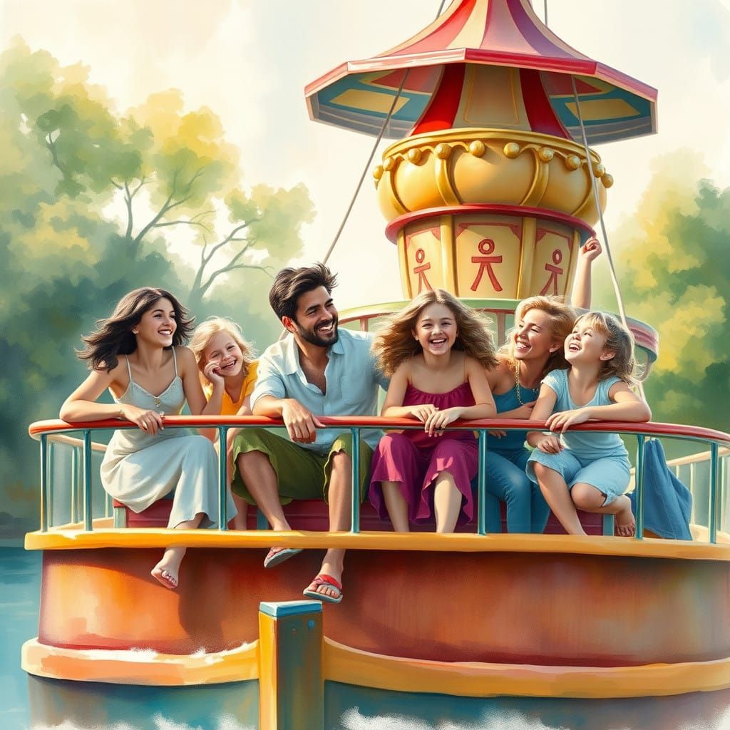 Vibrant Family Carnival Scene in Whimsical Impressionist Sty...