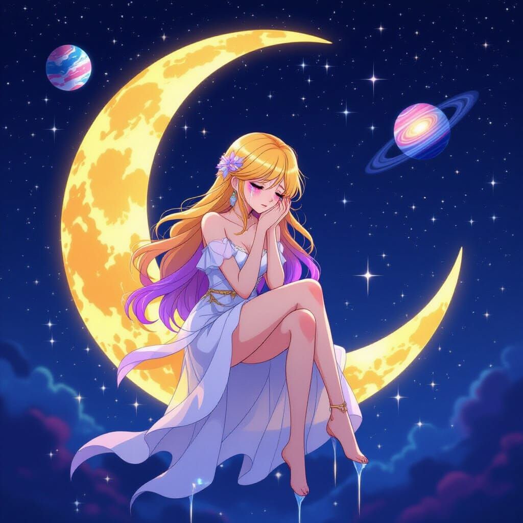 Woman on Moon Crying Stardust in Anime Style