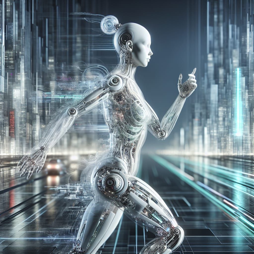 Ethereal Mechanical Girl in Futuristic Urban Setting