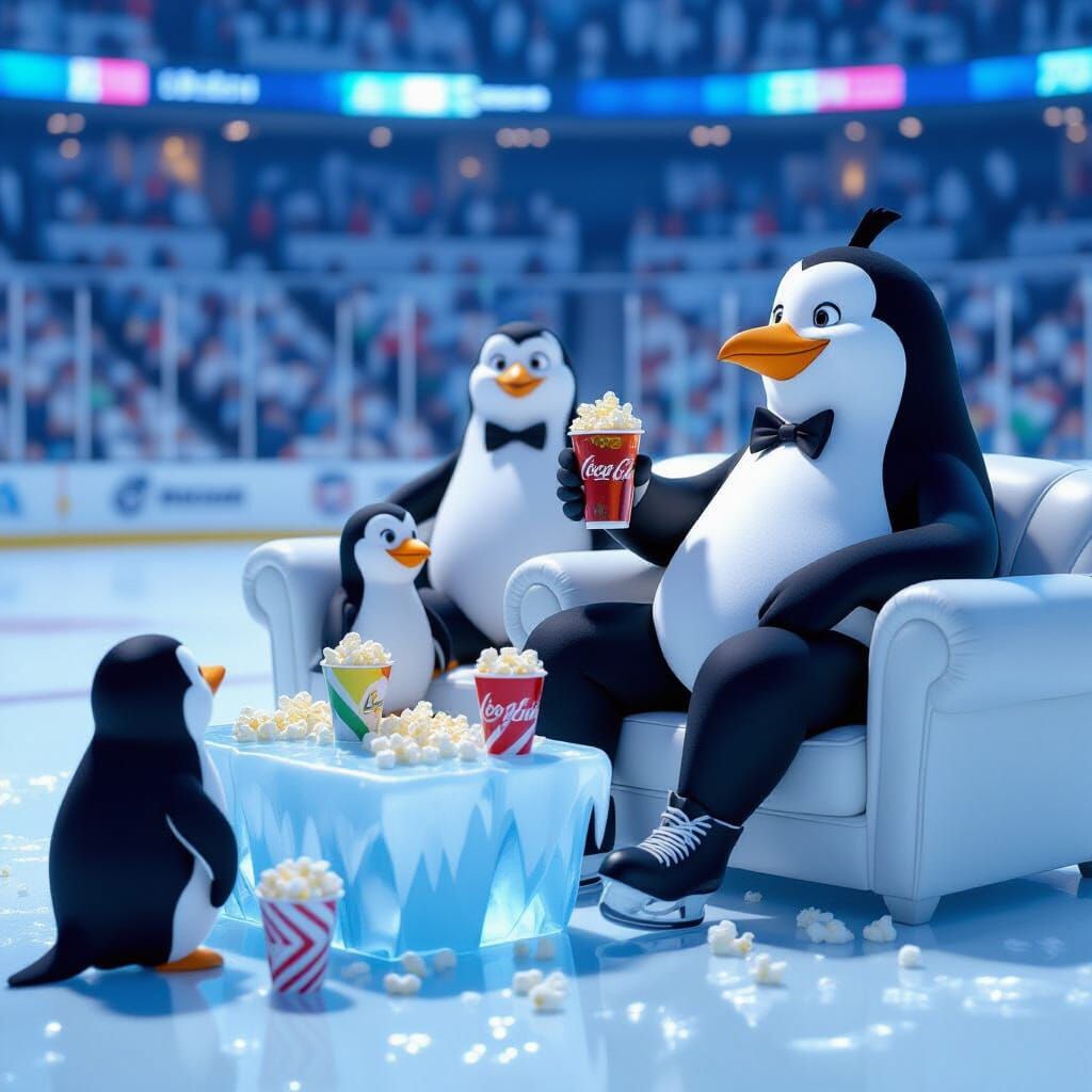Penguin Family Ice Hockey Night, Pixar Style