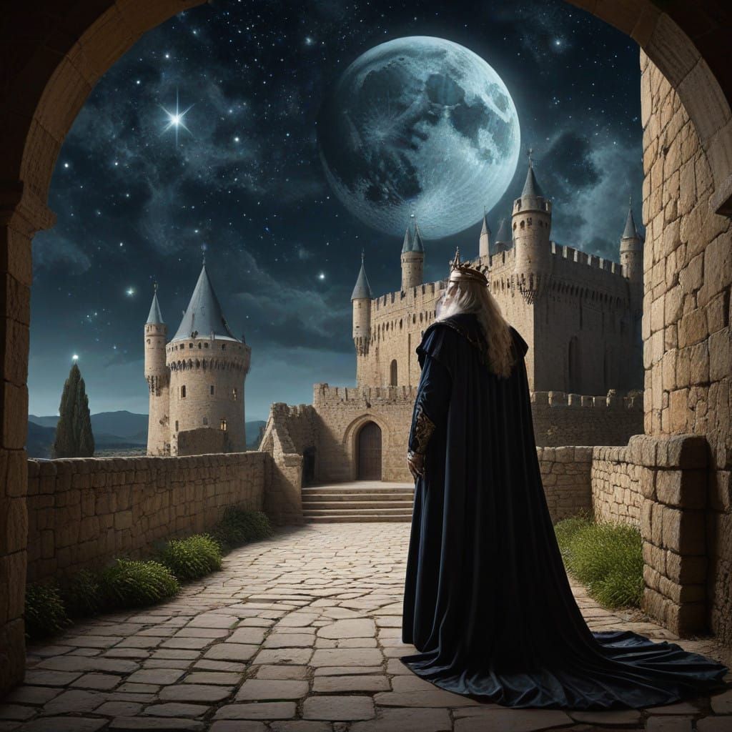 Medieval King Contemplates Celestial Beauty Under Starry Nig...