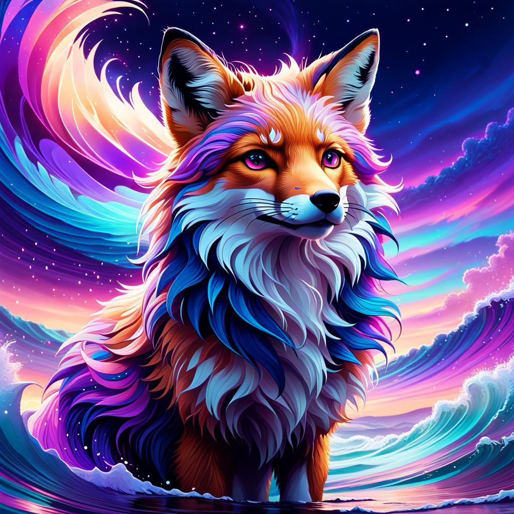 Mystical Fox with Iridescent Fur, Digital Illustration