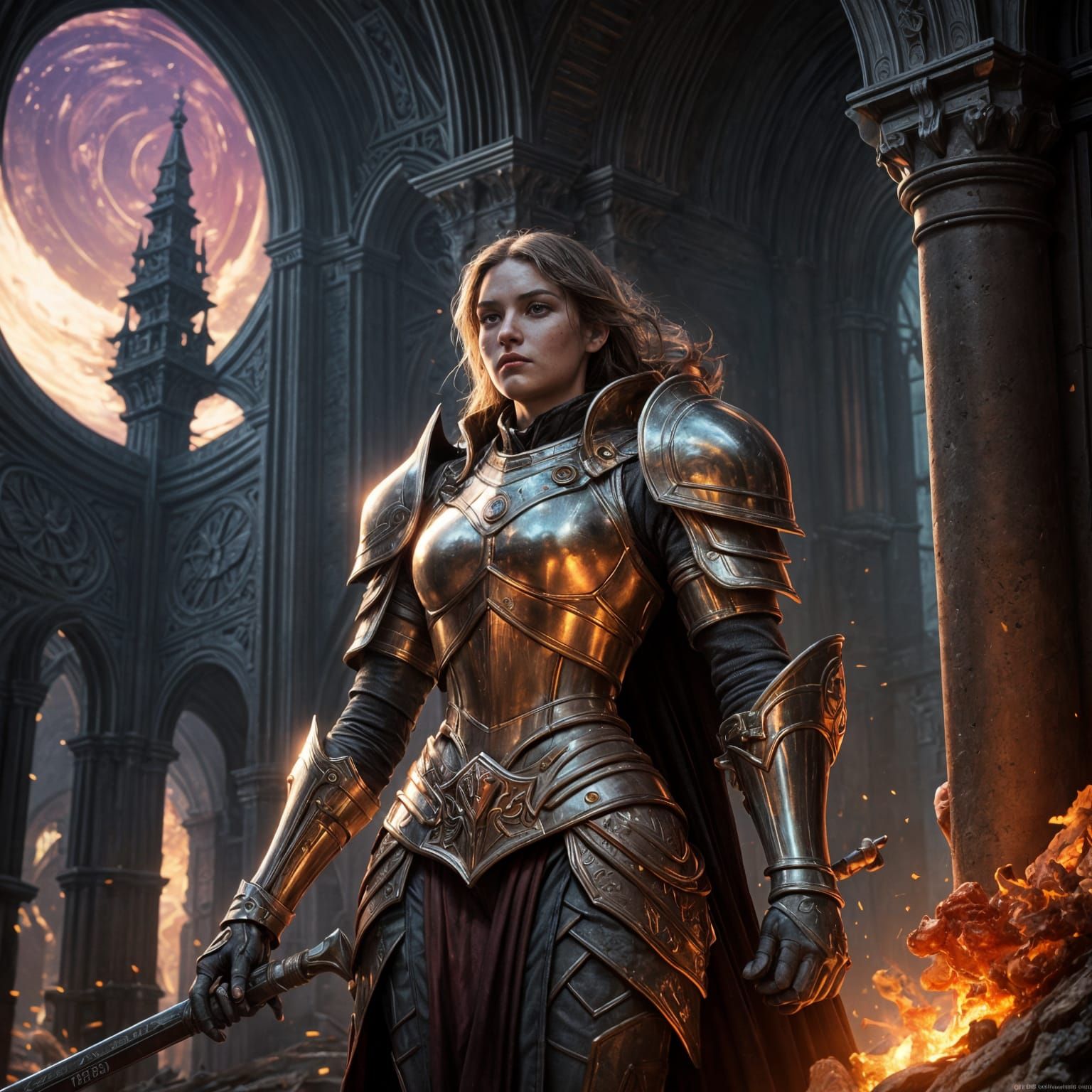 Elegant Female Knight in Sunset, Red Mantle Amidst Grey Scal...