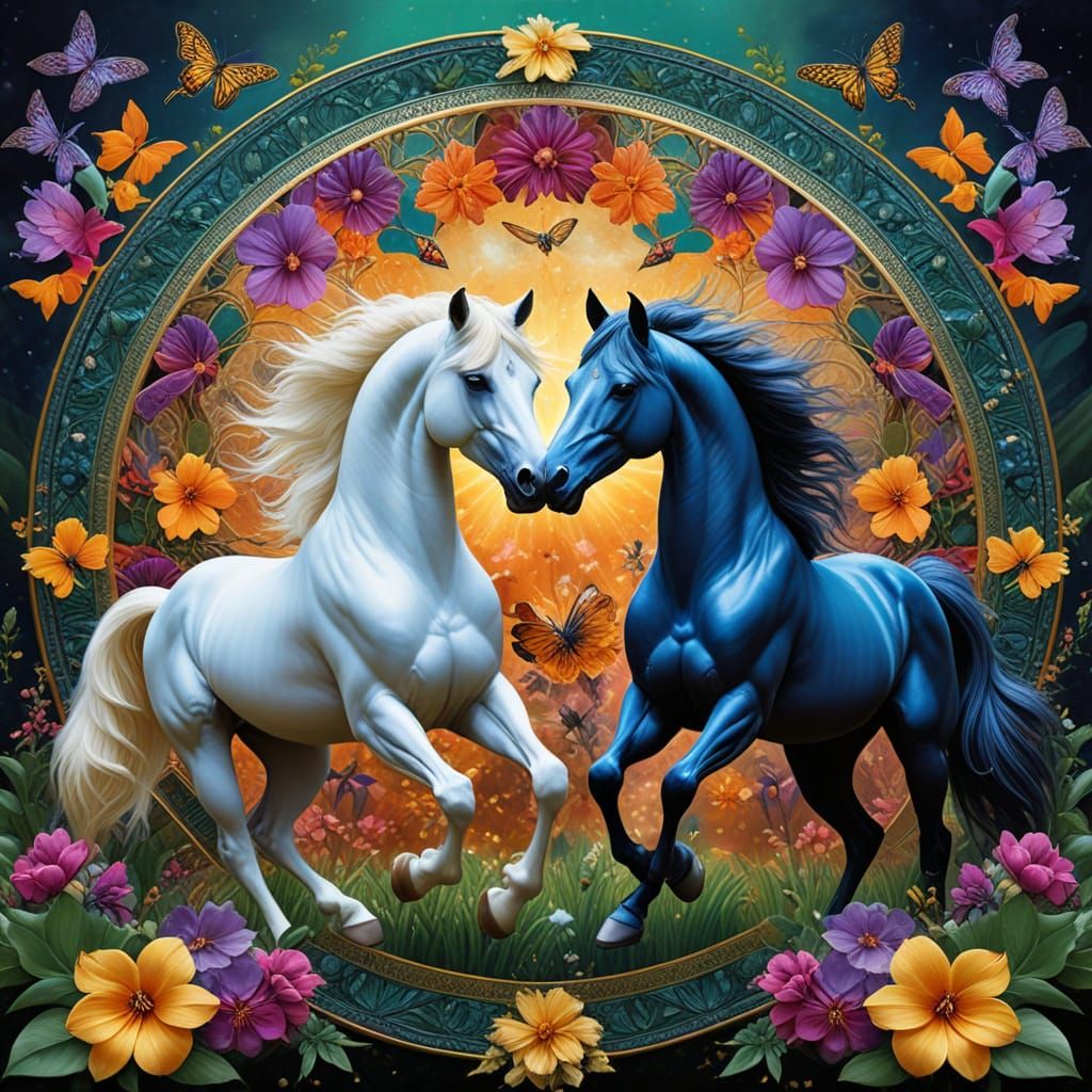 Ethereal Arabian Stallions in Vibrant Floral Mandalas
