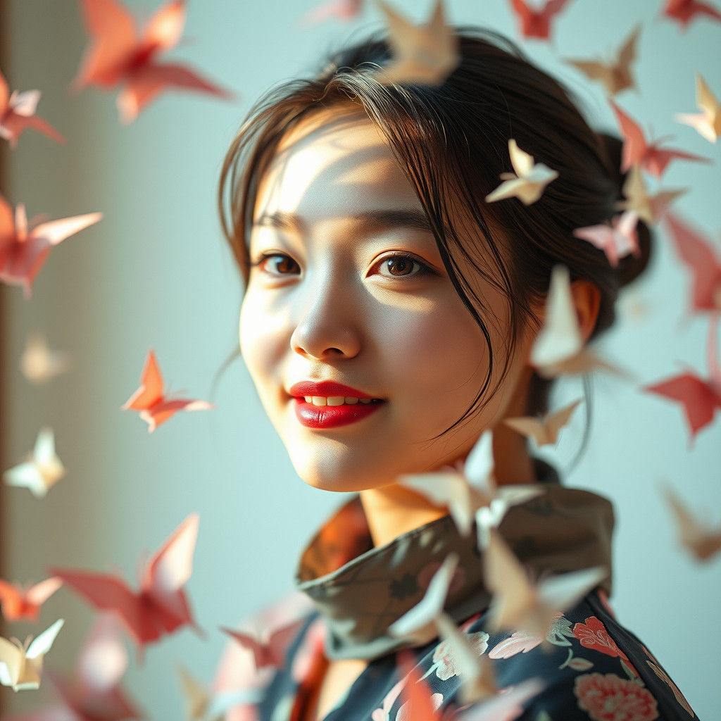 Woman Surrounded by Origami Paper Art
