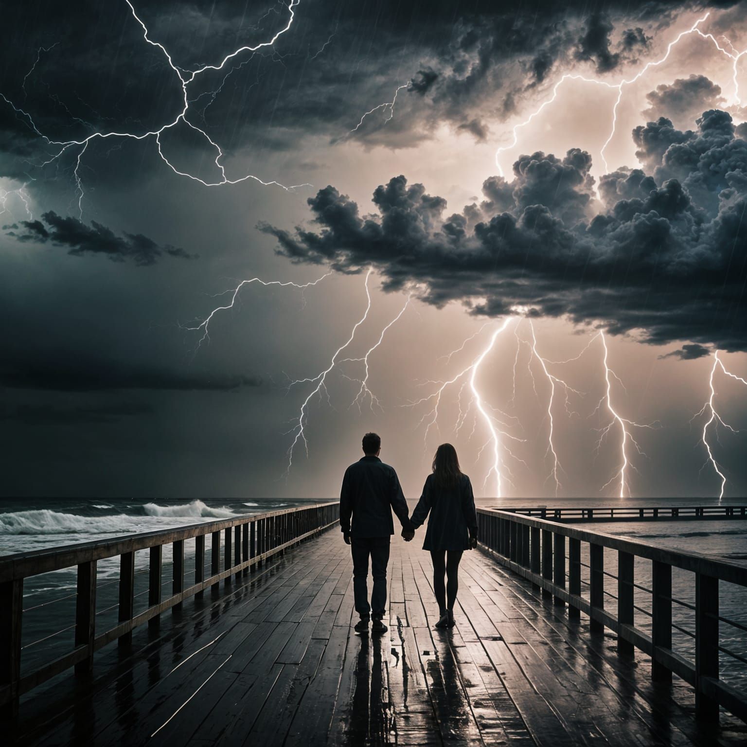 Two Silhouettes Stand Together in a Thunderstorm