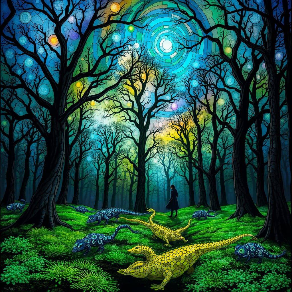 Stained Glass Forest Glade with Nebulae Sky