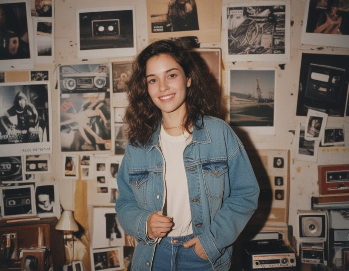 Nostalgic 90s Girl with Cassette Player in Cozy Bedroom