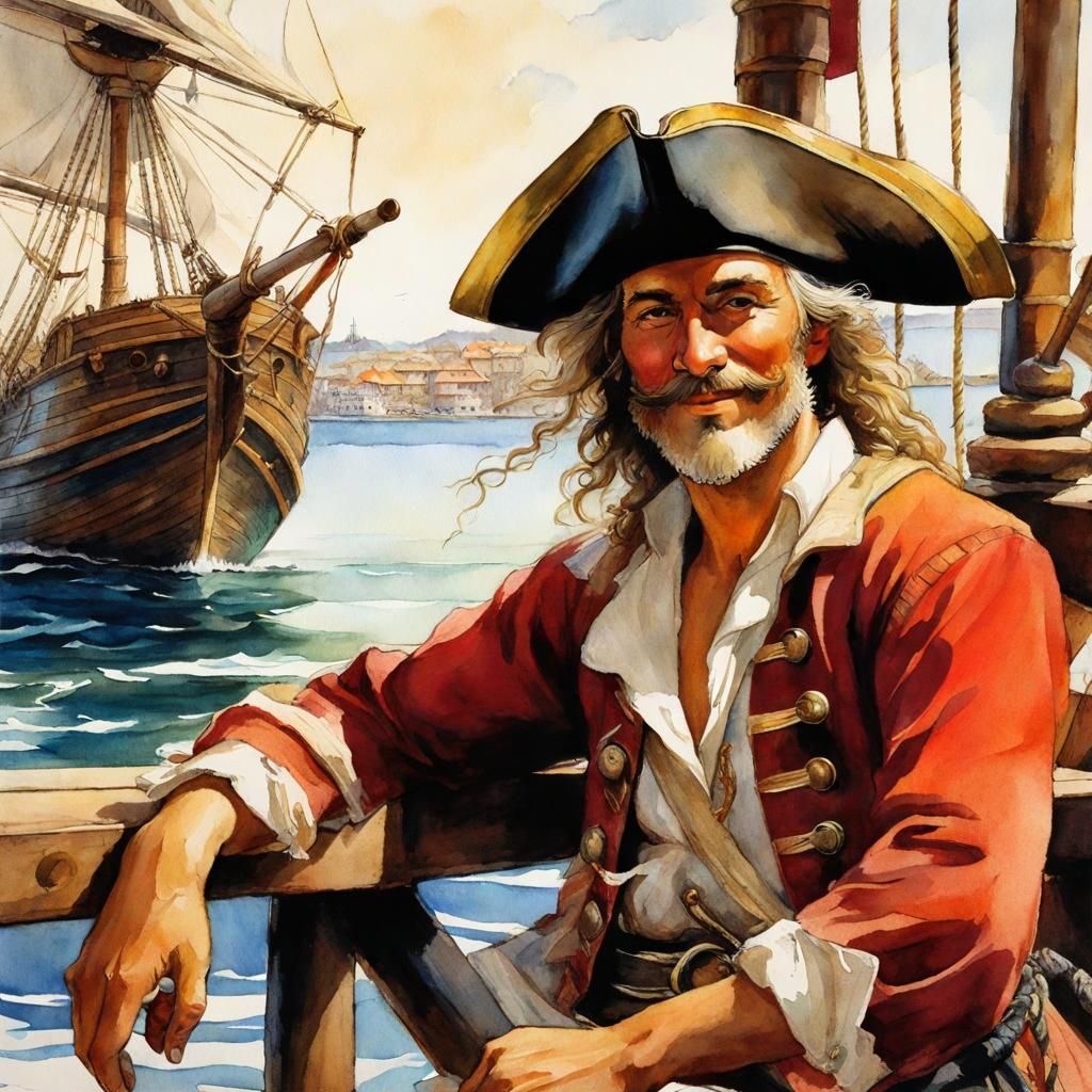 Smiling Pirate Sailor Fishing in Tropical Port