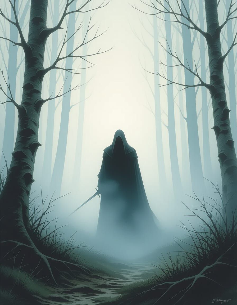 Mysterious Figure in Foggy Forest