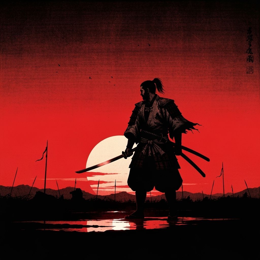 Lone Samurai at Blood-Red Sunset, Ink-Wash Style