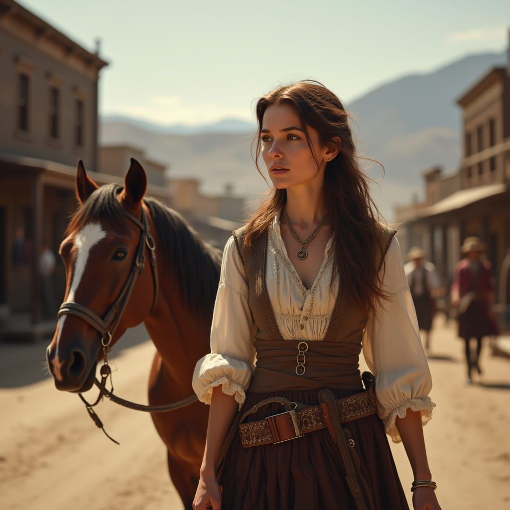 American Woman in Traditional Clothes with Horse in Wild Wes...