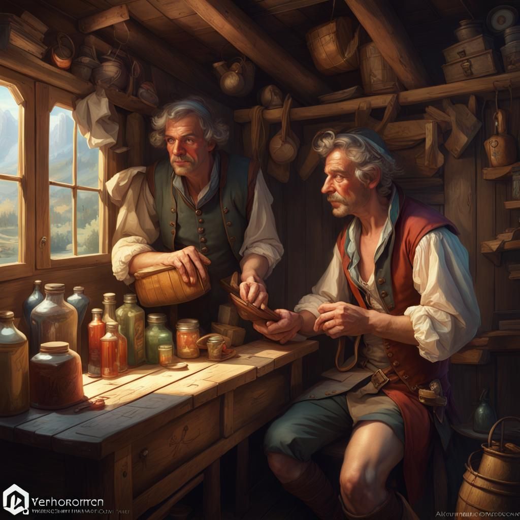 Traveling Tinker Sells Wares in 1700s Cabin