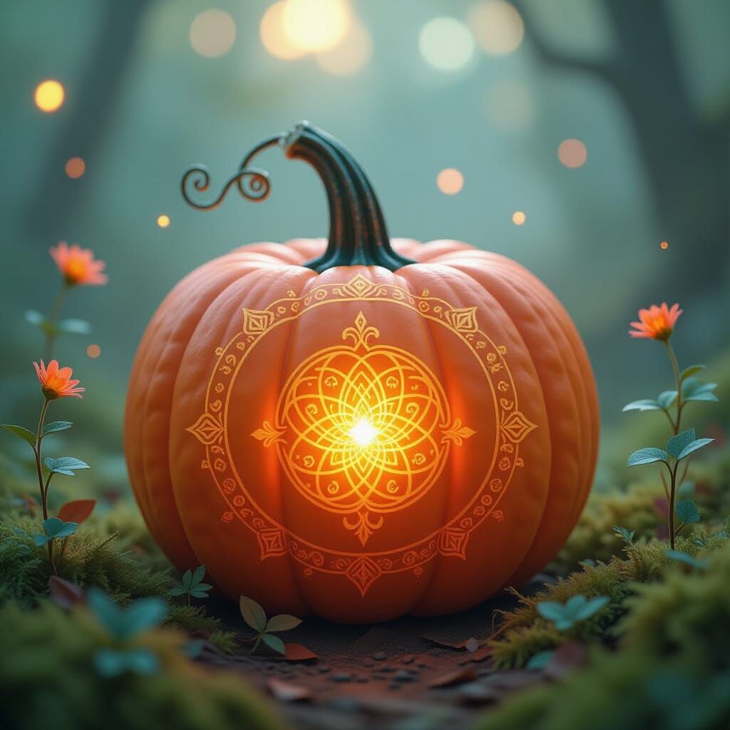Whimsical Pumpkin with Arcane Glyphs in Dreamlike Scene