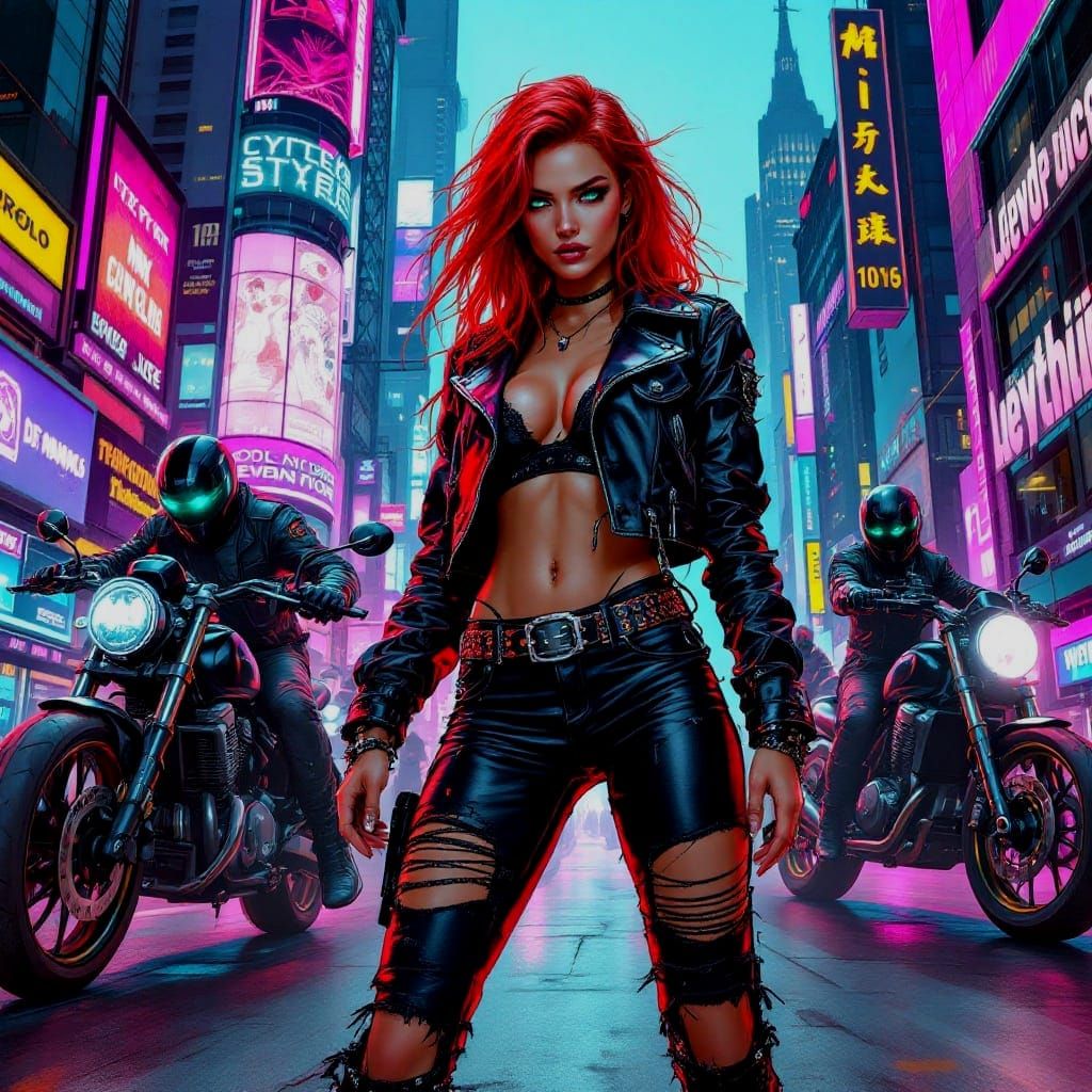 Fearless Cyberpunk Rebel in Crimson Hair and Ripped Leather....