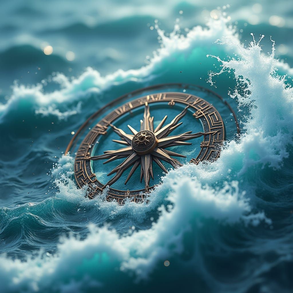 Compass Rose Surrounded by Wild Ocean Waves