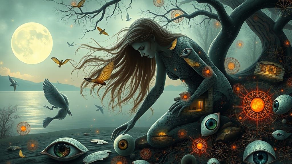 Surreal Digital Collage of Mythical Creatures Embracing Chan...