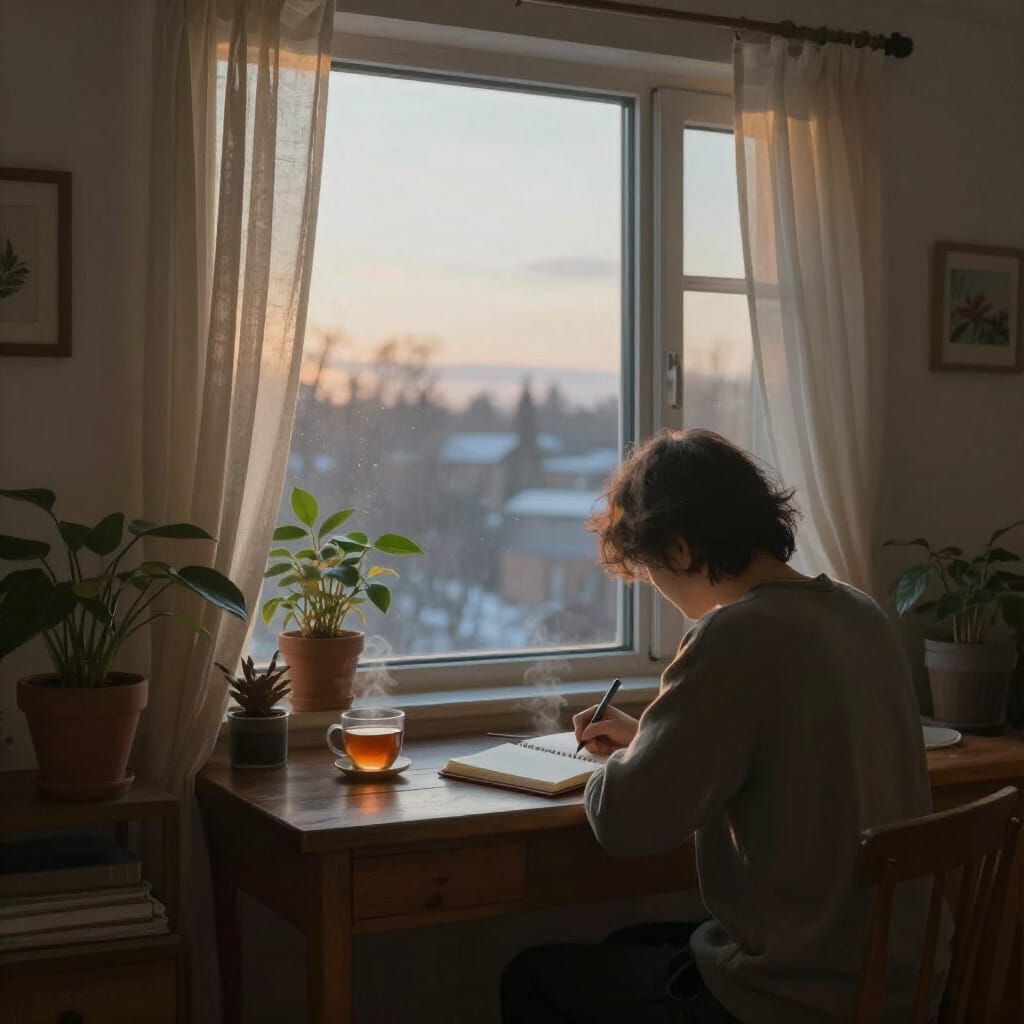 Calm Dawn Journaling Scene with Muted Colors