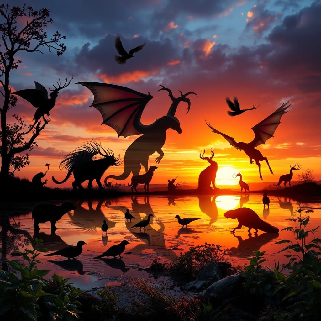 Mystical Creatures Collage at Sunset: High-Resolution Photo