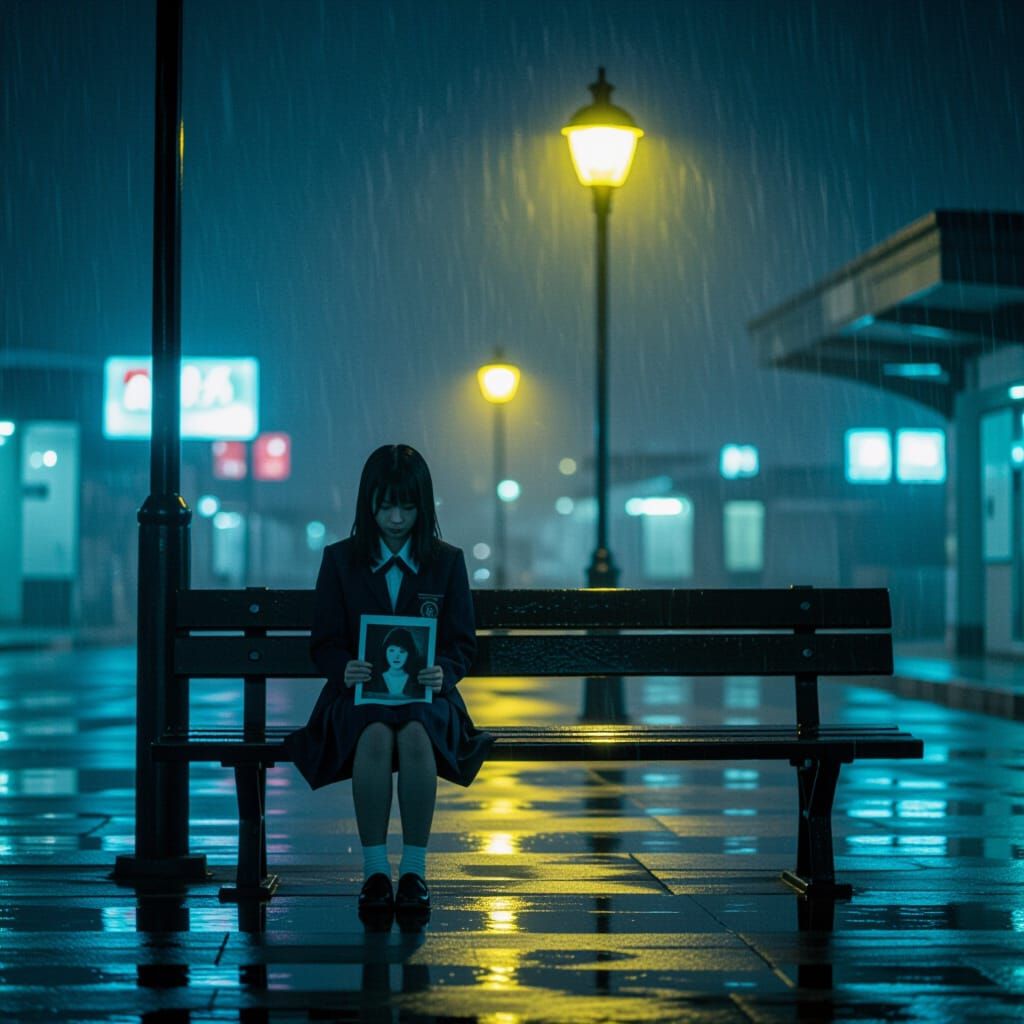 Lonely Girl at Bus Stop in Moody Film Style