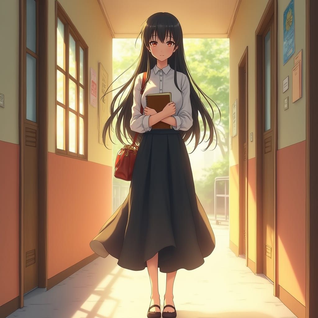 Confident Teen Girl Strolls Down Sunlit School Hallway