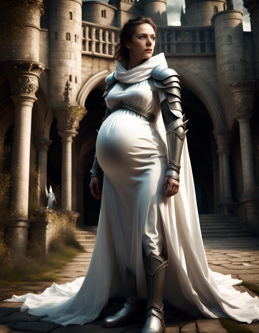 Pregnant Knight in White Armor Stands Before Castle