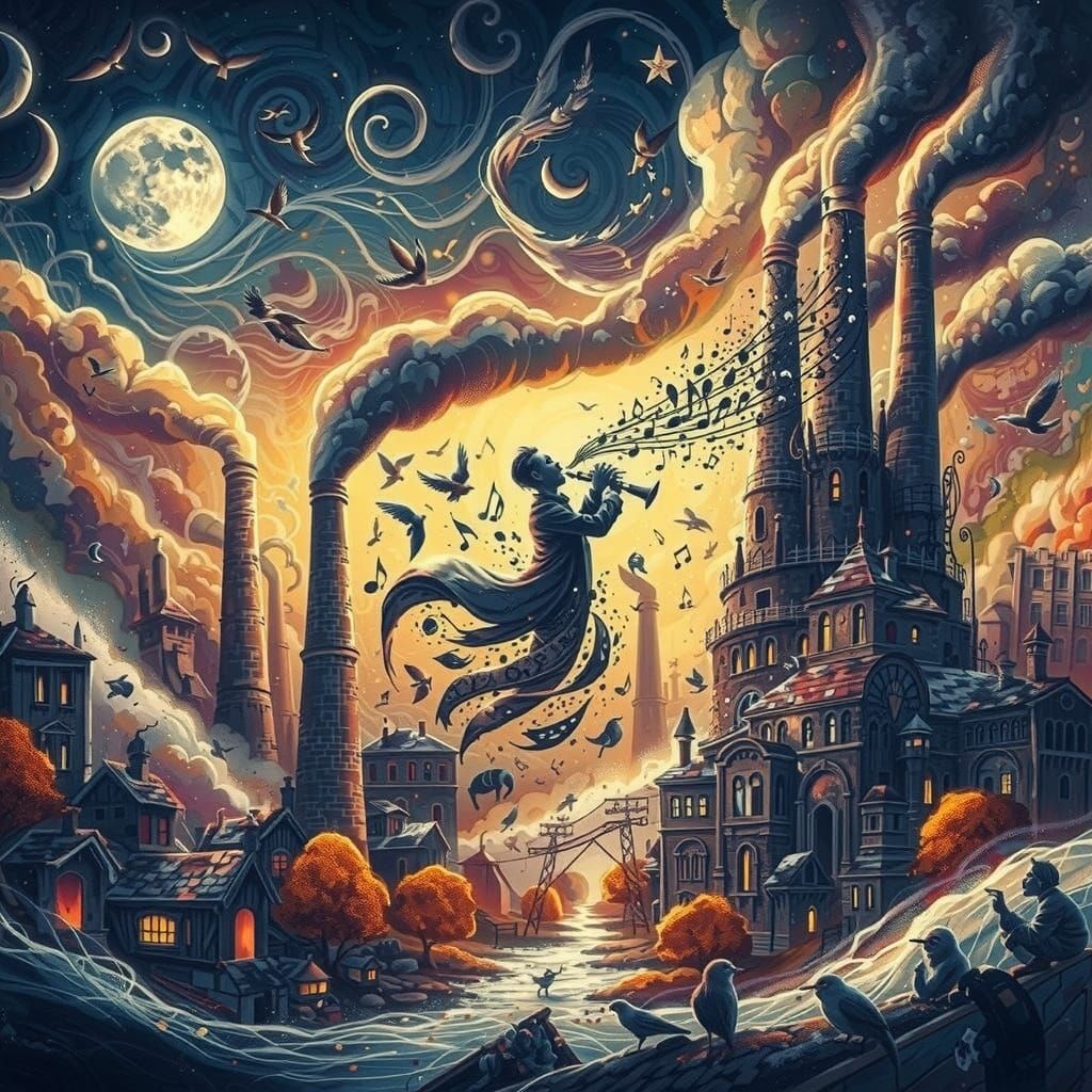 Moonlit Saxophonist Plays for Chimneys: Dreamlike Digital Ar...