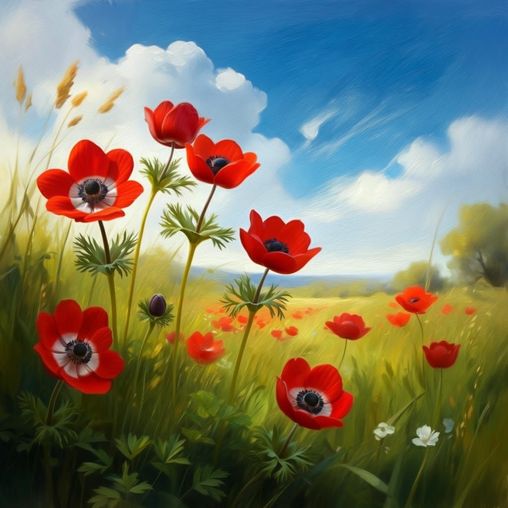 Vibrant Red Anemones in Impressionist Style