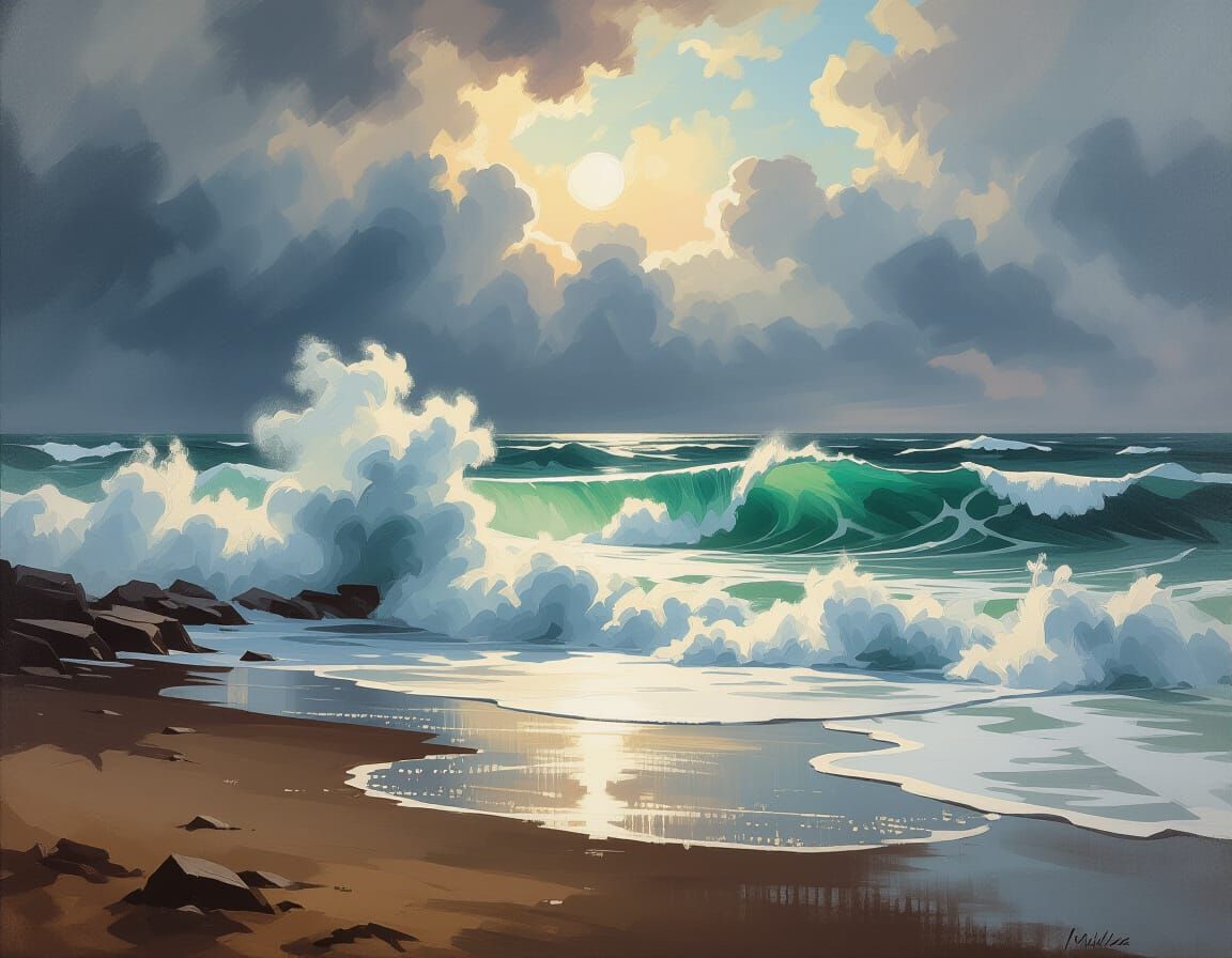 Dramatic Beach Seascape Oil Painting