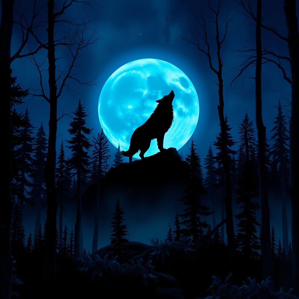 Wolf Silhouette on Moon in Mystical Forest