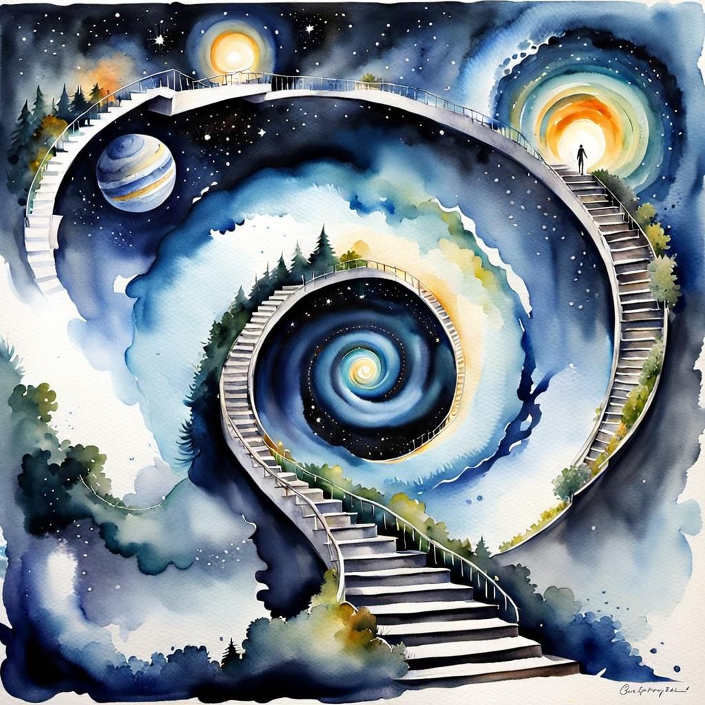Galaxy Portals and Adventurers in Watercolor Painting