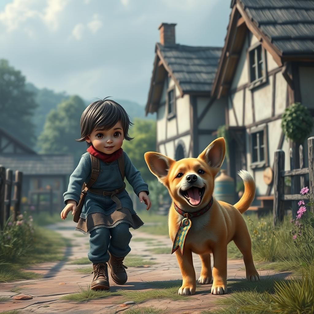 Children Playing with Puppy in Countryside, Matte Painting