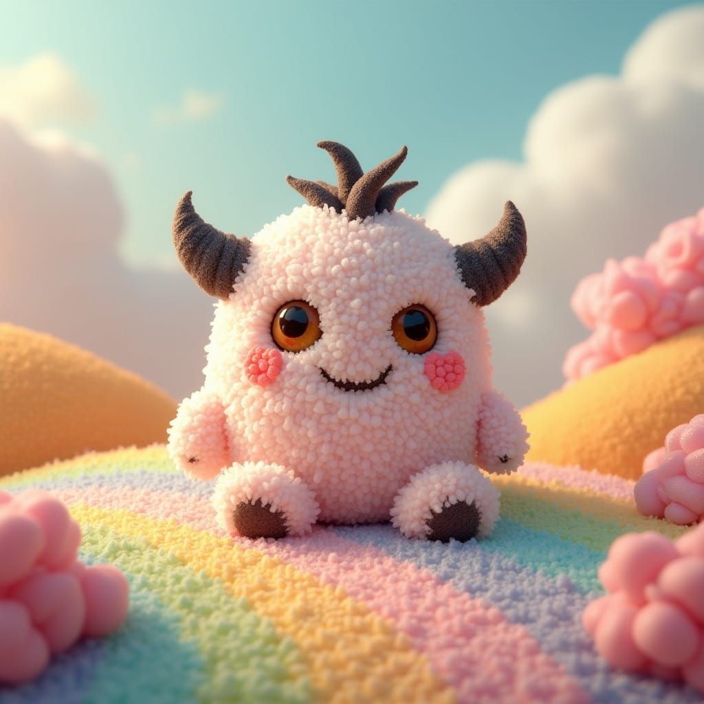 Fuzzy Sugar Cube Monster on Rainbow Landscape