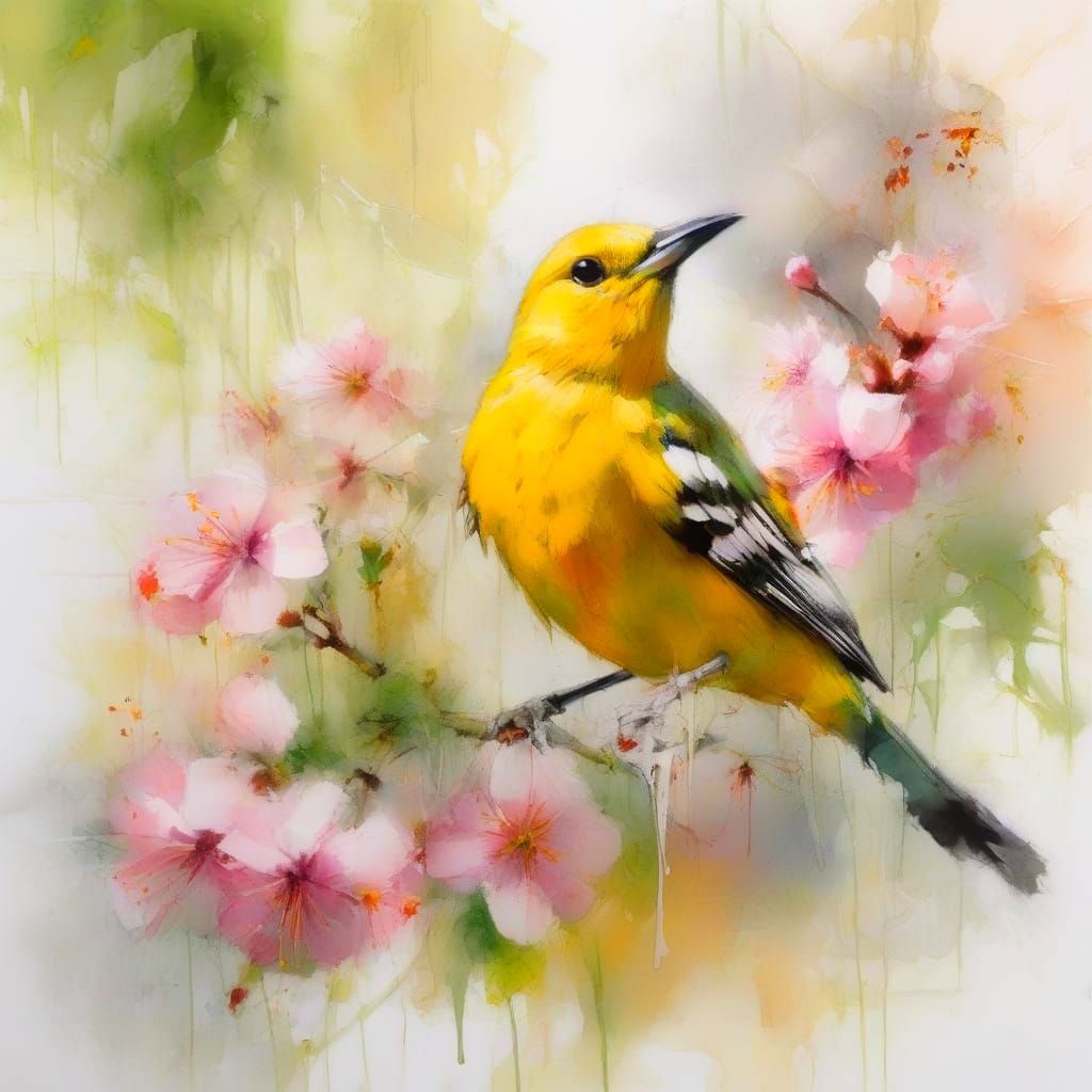 Golden Oriole in Sunlit Meadow Blossoms Neo-Impressionist Pa...