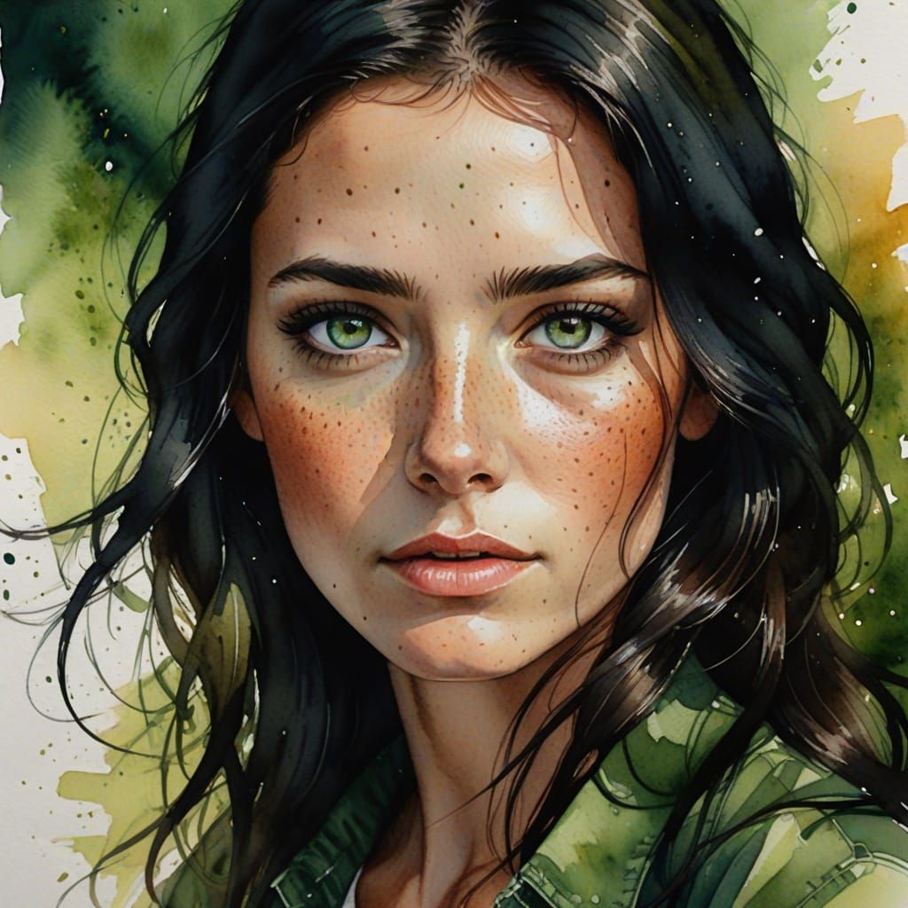 Watercolor Portrait of a Woman with Delicate Features and Fr...