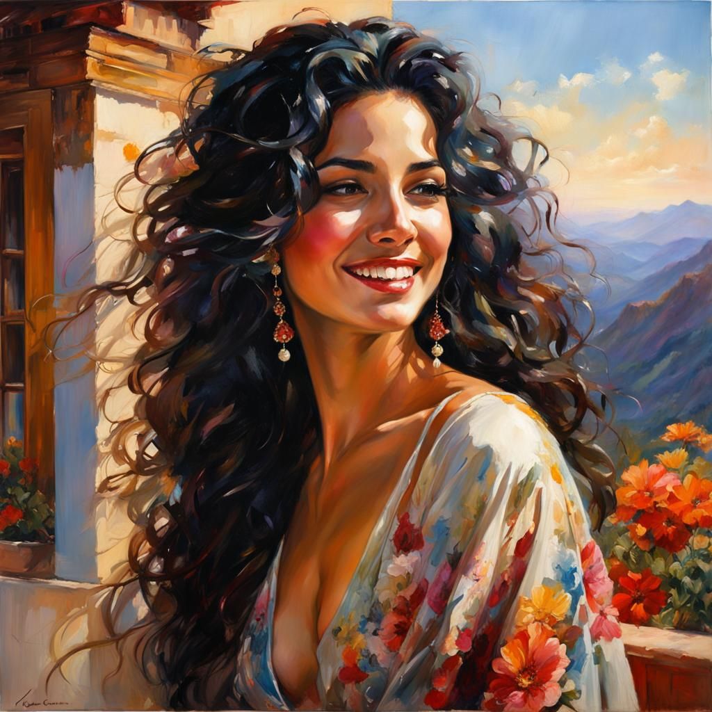 Hispanic Woman on Balcony Overlooking Mountains, Oil Paintin...